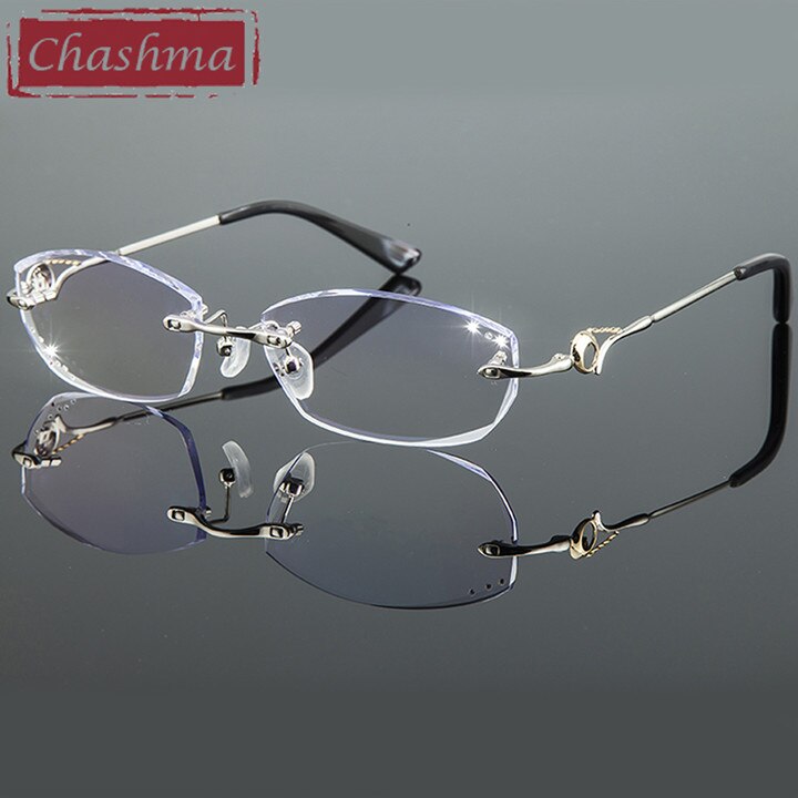 Women's Diamond Rimless Titanium Frame Eyeglasses 8007 Rimless Chashma Silver with Blue  