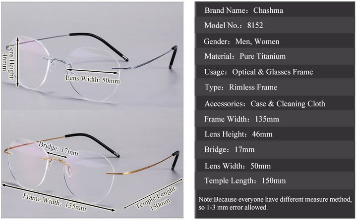 Chashma Ochki Unisex Rimless Round Titanium Eyeglasses 8151 Rimless Chashma Ochki   