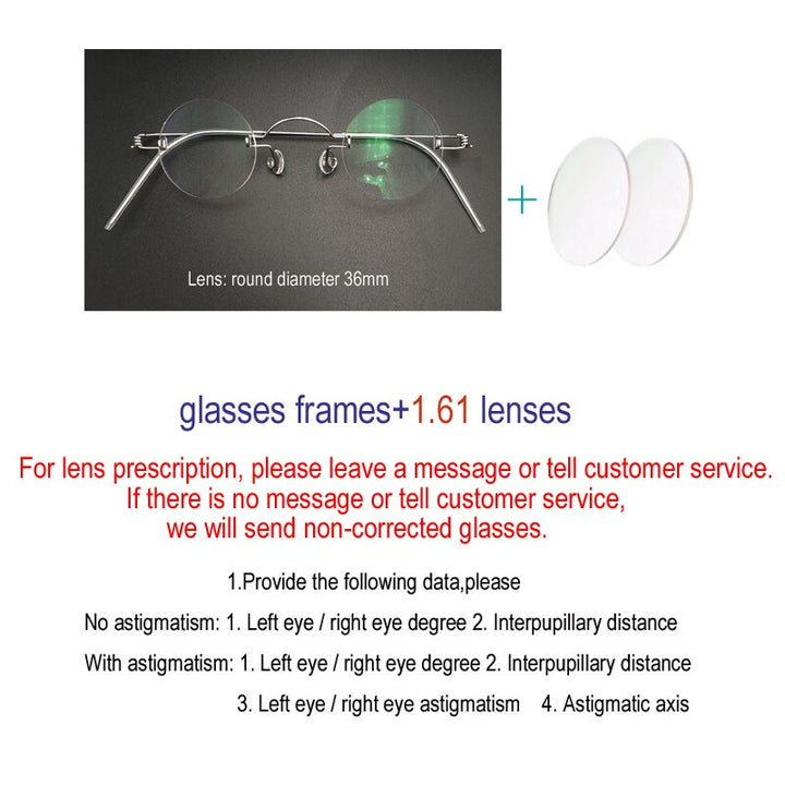 Unisex Handcrafted Rimless Round Eyeglasses Customizable Lenses Rimless Yujo Radiation protection China 