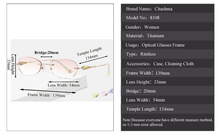Chashma Ottica Women's Rimless Rectangle Cat Eye Titanium Eyeglasses Tinted Lenses 8108 Rimless Chashma Ottica   