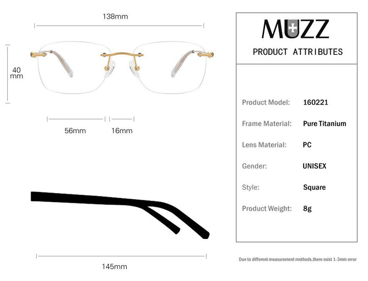 Muzz Men's Rimless Square Titanium Frame Eyeglasses 160221 Rimless Muzz   