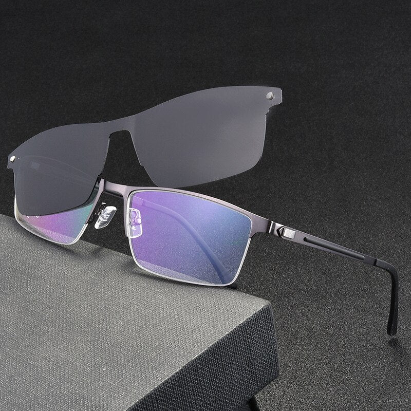 Men's Half Rim Alloy Frame Magnetic Clip On Polarized Lens Eyeglasses Zt94007 Semi Rim Bclear black gray 