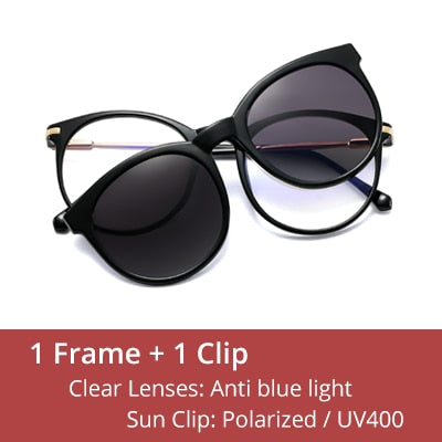 Ralferty Women's Full Rim Round Acetate Eyeglasses With Polarized Clip On Sunglasses F95975 Clip On Sunglasses Ralferty C4 Black China As picture