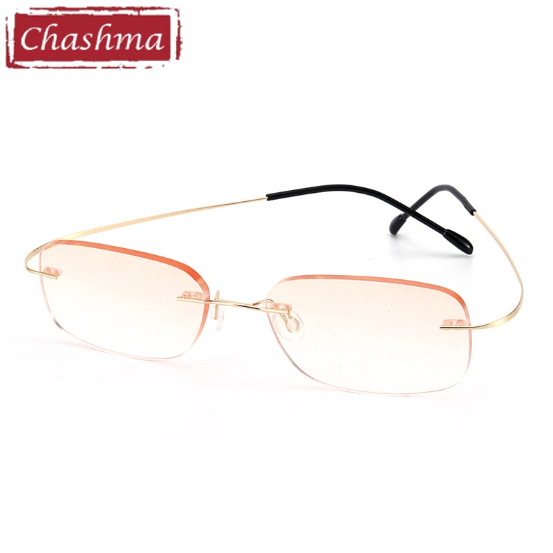 Men's Rimless Rectangular Titanium Frame Eyeglasses 6074-1 Rimless Chashma Gold with Brown  