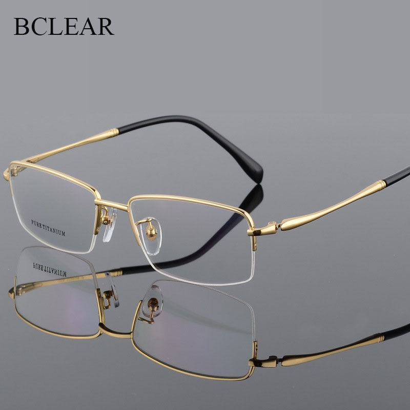 Men's Square Semi Rim Titanium Frame Eyeglasses 8296 Semi Rim Bclear Gold  