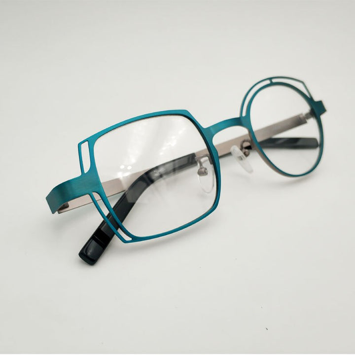 Unisex Eyeglasses Retro Blue Asymmetric Round And Square Alloy Frame 811010 Frame Yujo   