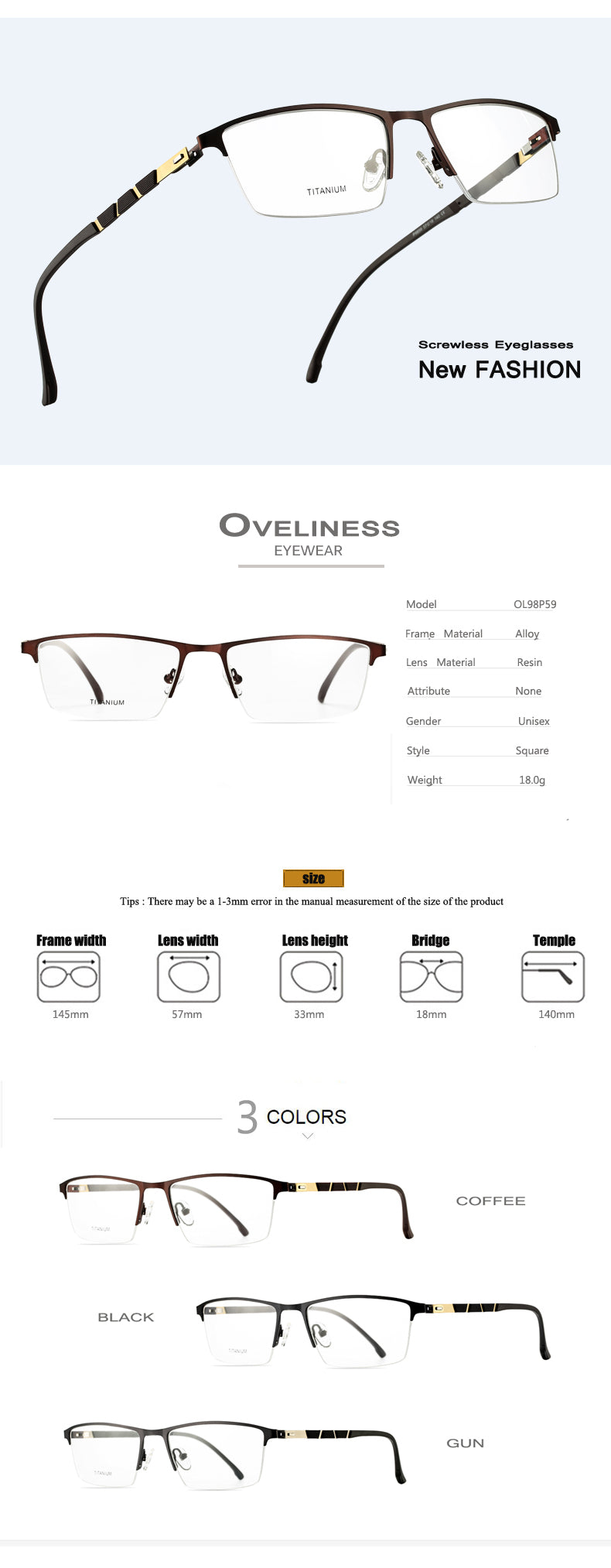 Oveliness Men's Semi Rim Square Screwless Titanium Alloy Eyeglasses Ol98p59 Semi Rim Oveliness   