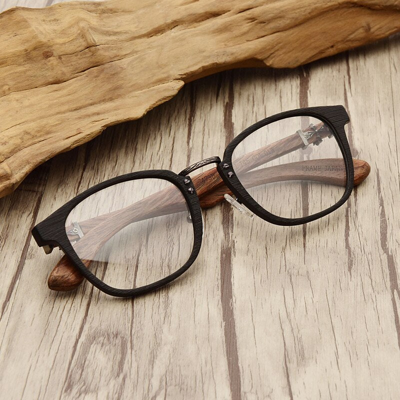 Hdcrafter Unisex Full Rim Round Wood Temple Eyeglasses 7473d Full Rim Hdcrafter Eyeglasses   