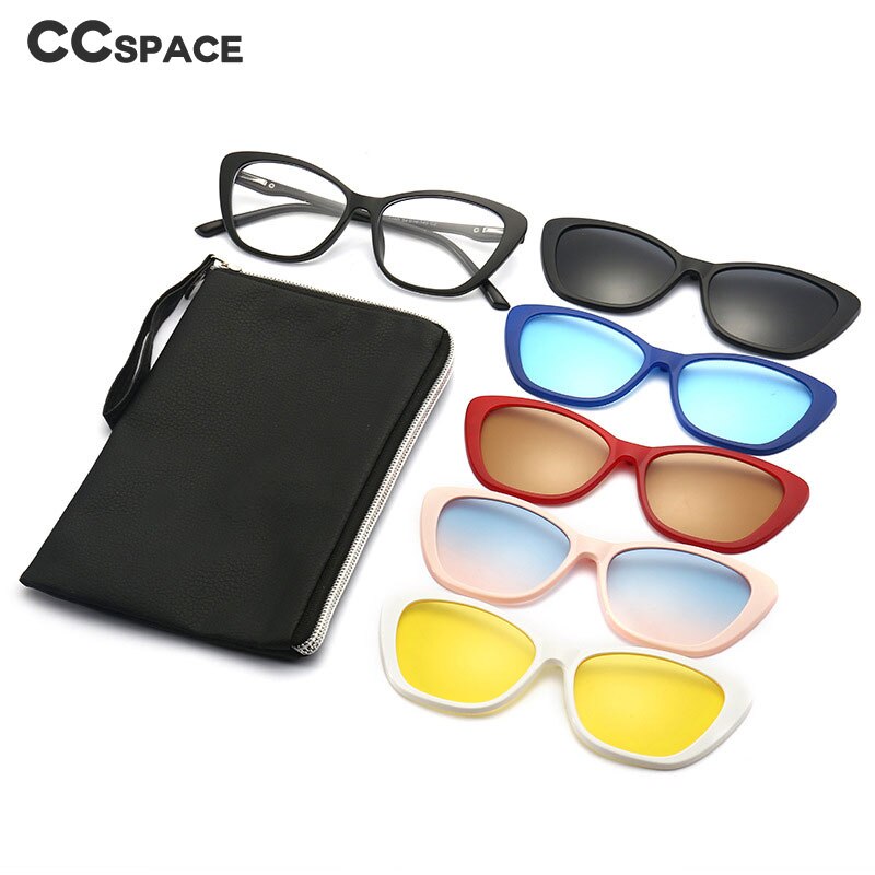CCspace Unisex Full Rim Cat Eye Tr 90 Titanium Eyeglasses Clip On Sunglasses 53880 With Clip Ons CCspace   