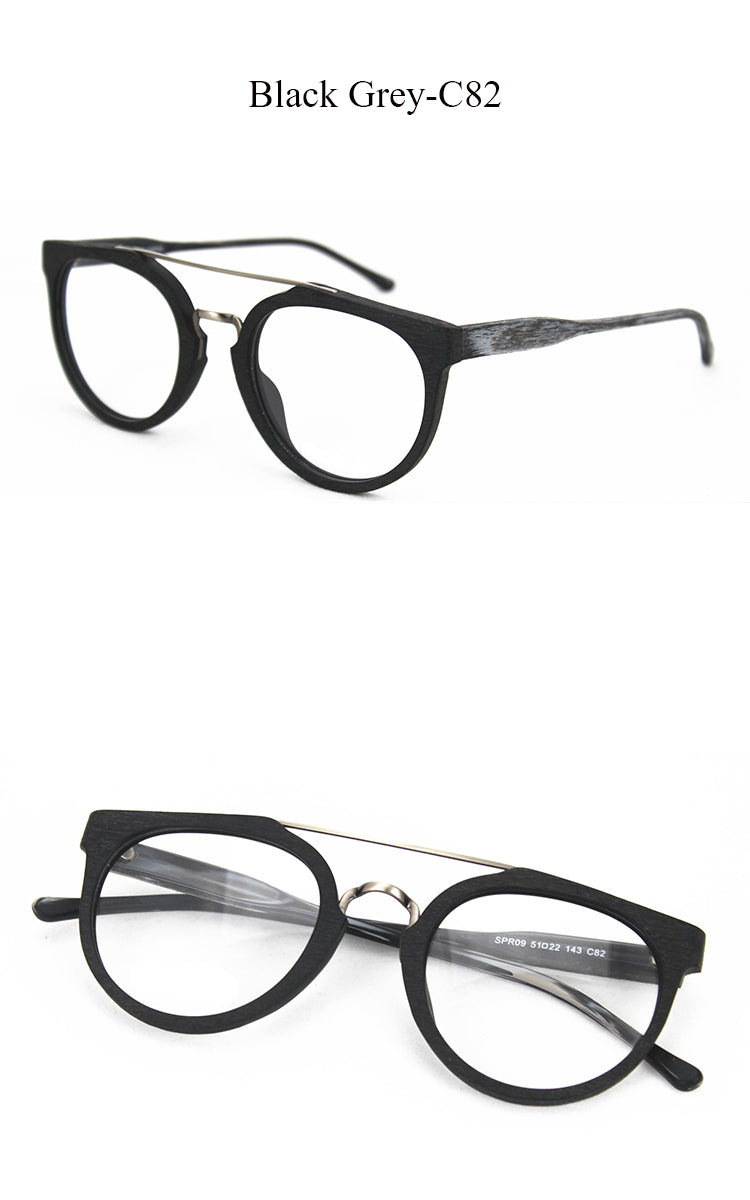 Hdcrafter Unisex Full Rim Round Wood Metal Acetate Double Bridge Frame Eyeglasses Spr09 Full Rim Hdcrafter Eyeglasses   