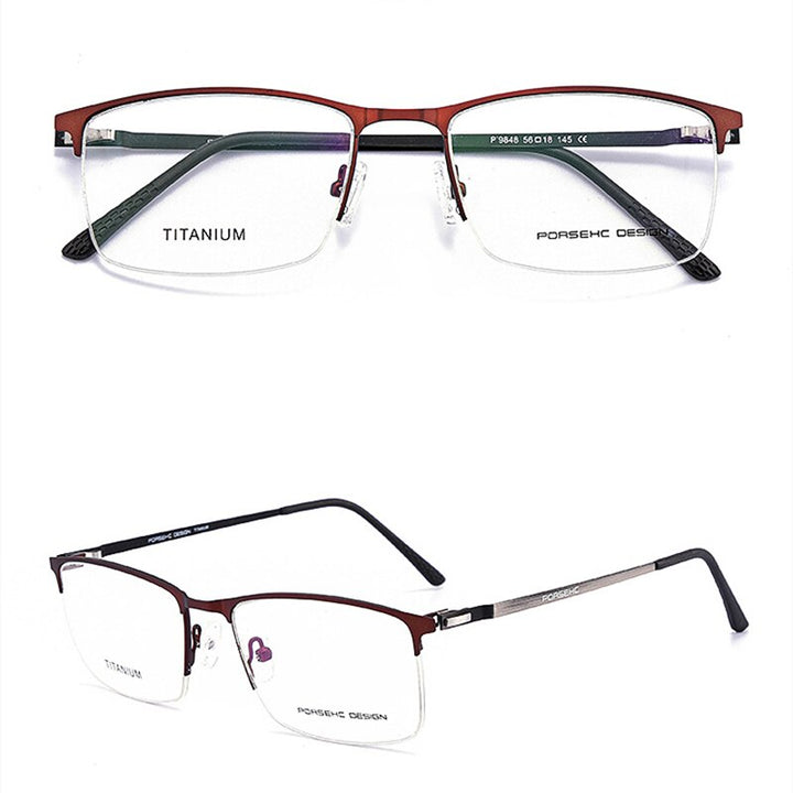 KatKani Men's Semi Rim Titanium Alloy Frame Screwless Eyeglasses P9848 Semi Rim KatKani Eyeglasses Brown  