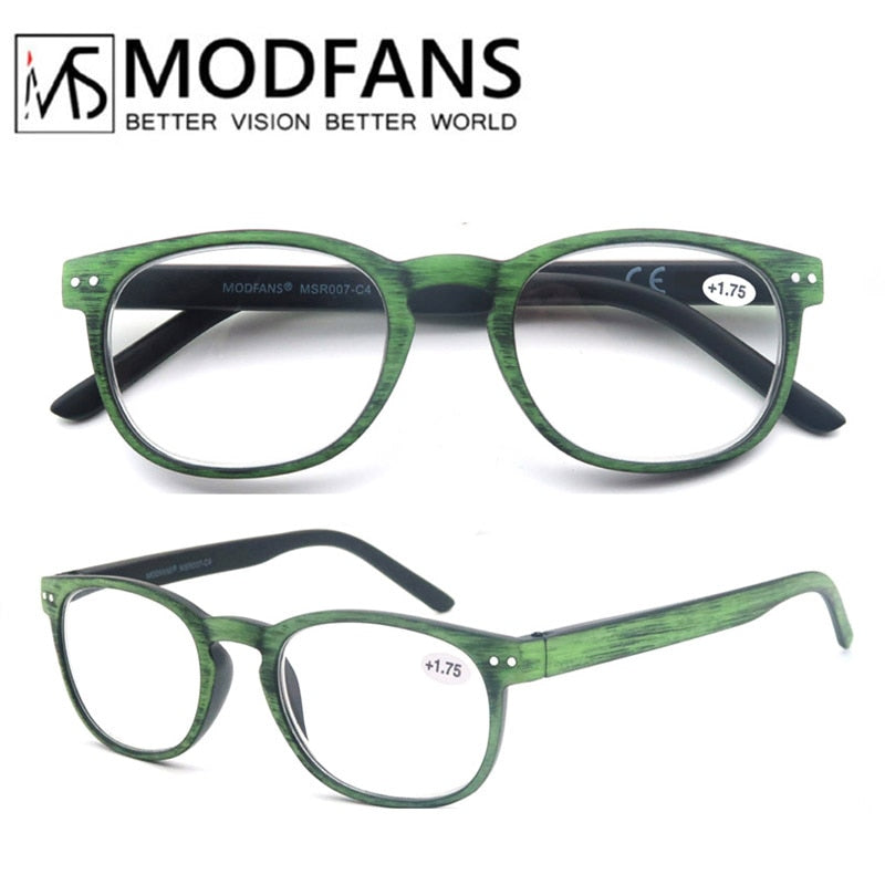 Modfans Round Reading Glasses Women Men Wood Pattern Frame Eyeglasses Light Diopter Sight Magnifier Reading Glasses Modfans Wooden Green C4 +100 
