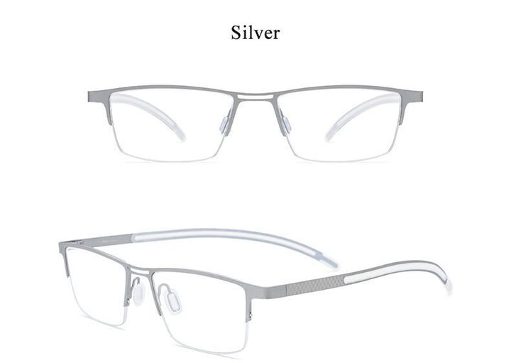 Men's Square Half Rim Titanium Frame Eyeglasses Br1872 Semi Rim Bclear Silver  