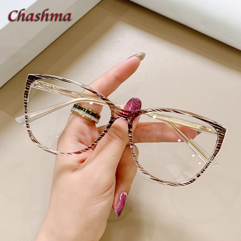 Chashma Ochki Women's Full Rim Square Cat Eye Tr 90 Titanium Eyeglasses 7837 Full Rim Chashma Ochki Brown Stripe  