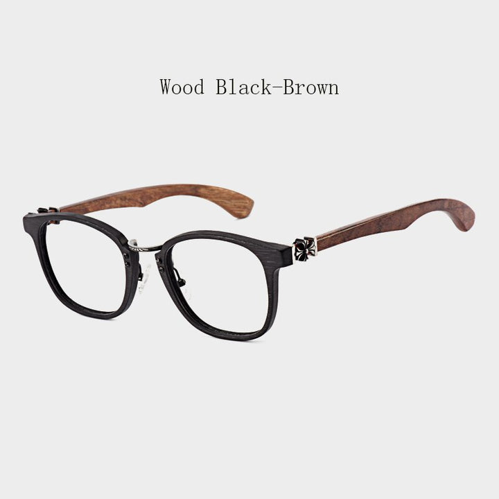 Hdcrafter Unisex Full Rim Round Wood Temple Eyeglasses 7473d Full Rim Hdcrafter Eyeglasses Wood Black-Brown  
