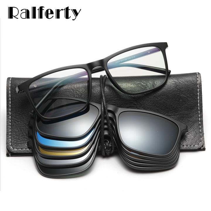 Ralferty Magnetic Sunglasses Men 5 In 1 Polarized Clip On Women Square Sunglases Ultra-Light Night Vision Glasses A8804 Clip On Sunglasses Ralferty   