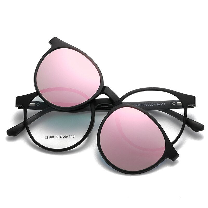 KatKani Unisex Full Rim TR 90 Round Frame Eyeglasses + 5  Magnetic Polarized Sunglasses K12160 Sunglasses KatKani Eyeglasses   
