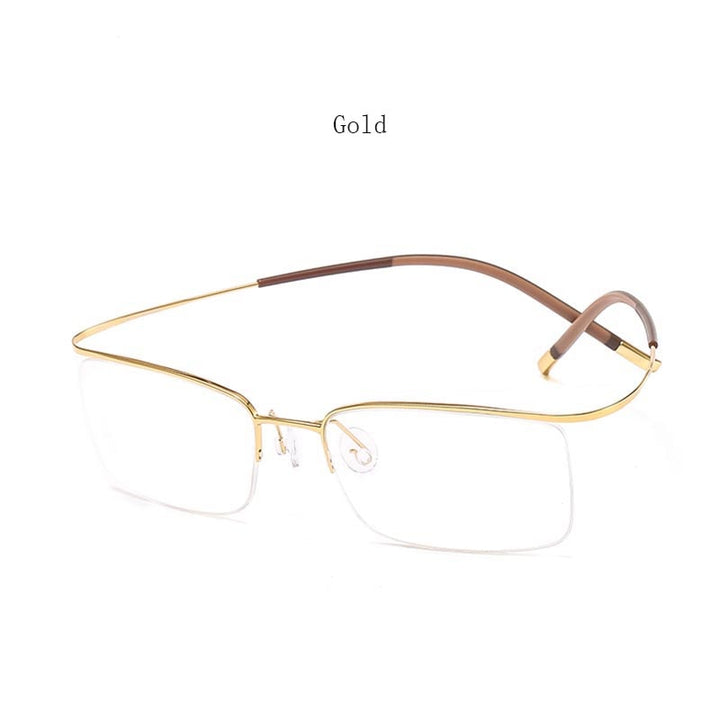 Unisex Eyeglasses Rectangle Titanium Semi Rim 9256 Rimless Hdcrafter Eyeglasses Gold  
