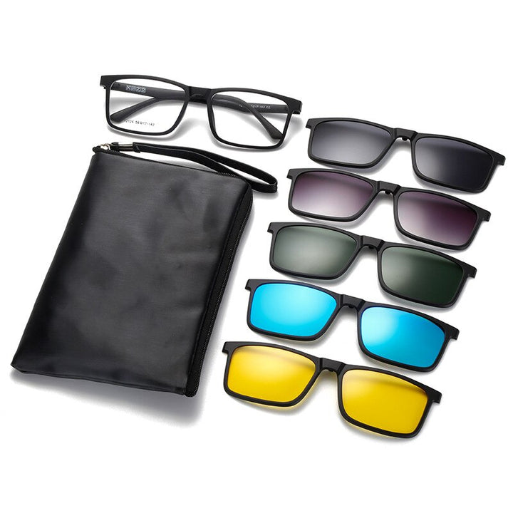 KatKani Unisex Full Rim TR 90 Resin Frame Eyeglass +5 Piece Polarized Magnetic Sunglasses K12124 Clip On Sunglasses KatKani Eyeglasses Cloth Bag Suit  
