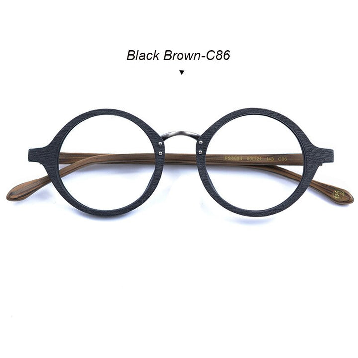 Hdcrafter Men's Full Rim Round Metal Wood Frame Eyeglasses Ps6084 Full Rim Hdcrafter Eyeglasses Black Brown-C86  