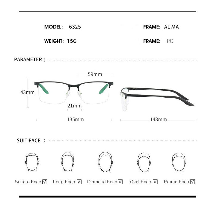 Hdcrafter Men's Semi Rim Square TR 90 Titanium Frame Eyeglasses P6325 Semi Rim Hdcrafter Eyeglasses   