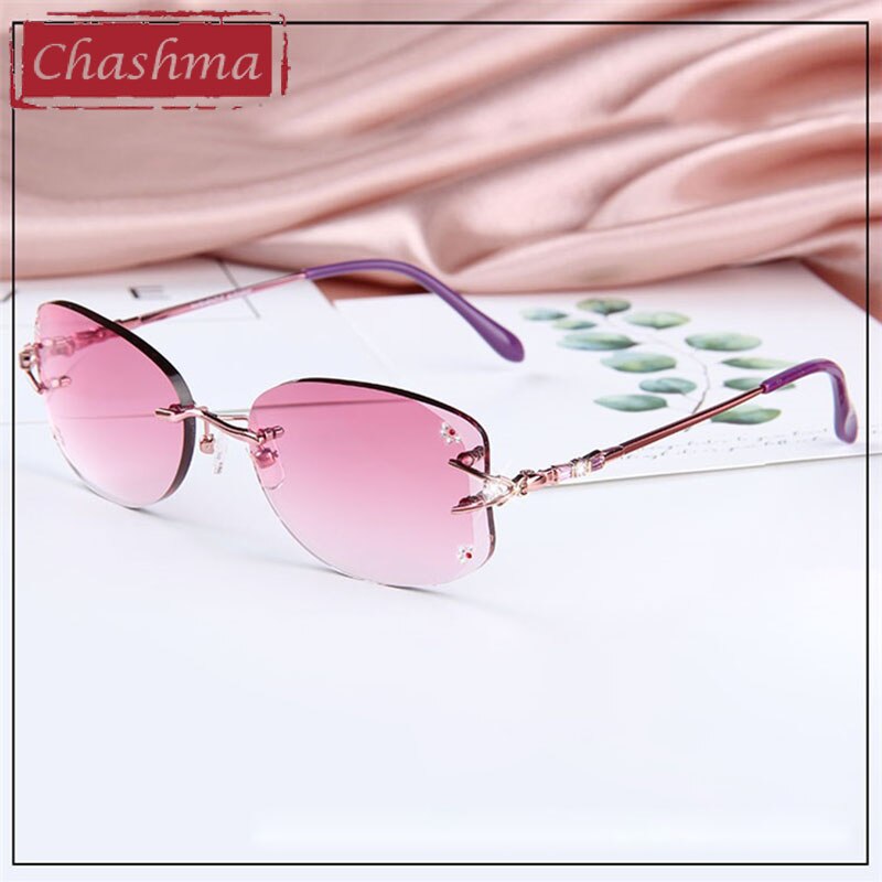 Women's Rimless Titanium Frame Diamond Trimmed Tinted Eyeglasses 1006 Rimless Chashma Pink  