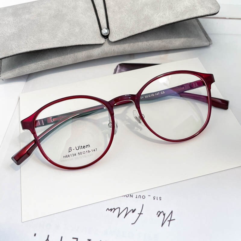 KatKani Unisex Full Rim Round β Ultem Steel Frame Eyeglasses H66134 Full Rim KatKani Eyeglasses Red Wine  