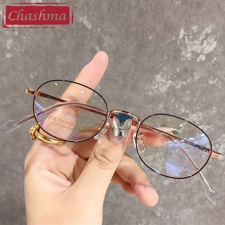 Unisex Oval Titanium Frame Ultra Thin Eyeglasses 20175 Frame Chashma Black Rose Gold  