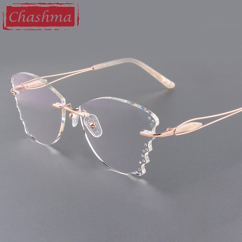 Women's Titanium Butterfly Frame Diamond Trimmed Rimless Eyeglasses 88205 Rimless Chashma   