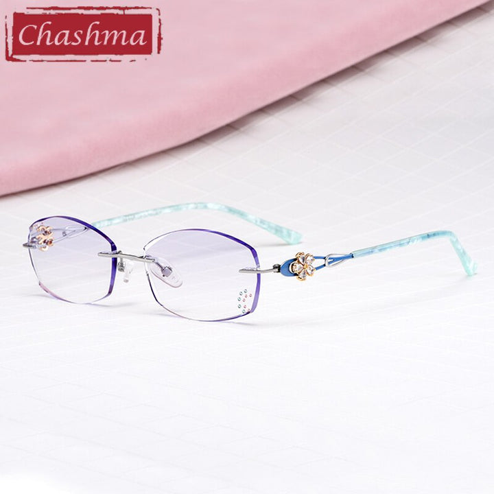 Women's Rimless Gradient Tint Eyeglasses Diamond Titanium Frame 2889 Rimless Chashma Blue  