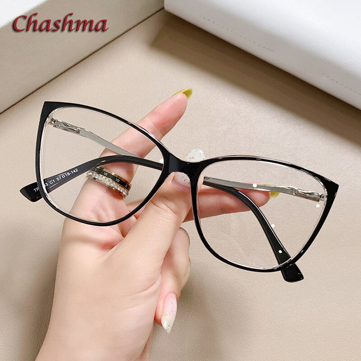 Chashma Ochki Women's Full Rim Square Cat Eye Tr 90 Titanium Eyeglasses 7843 Full Rim Chashma Ochki Bright Black  