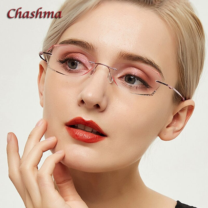 Chashma Ochki Women's Rimless Oval Rectangle Titanium Eyeglasses 6074 Tinted Lenses Rimless Chashma Ochki   