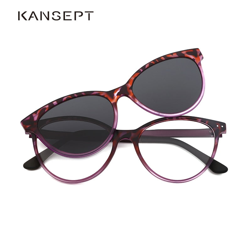 Kansept Women's Full Rim Round Cat Eye Alloy Frame Eyeglasses Magnetic Polarized Clip On Sunglasses T1929 With Clip Ons Kansept   
