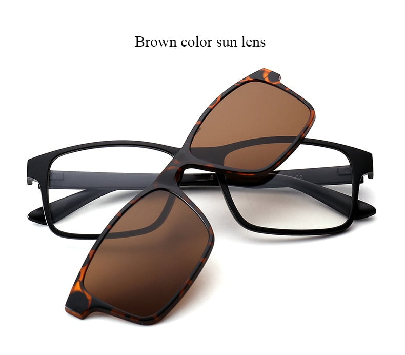 Unisex Full Rim TR90 Frame Eyeglasses With 5 Clip On Polarized Sunglasses Sunglasses Bclear   