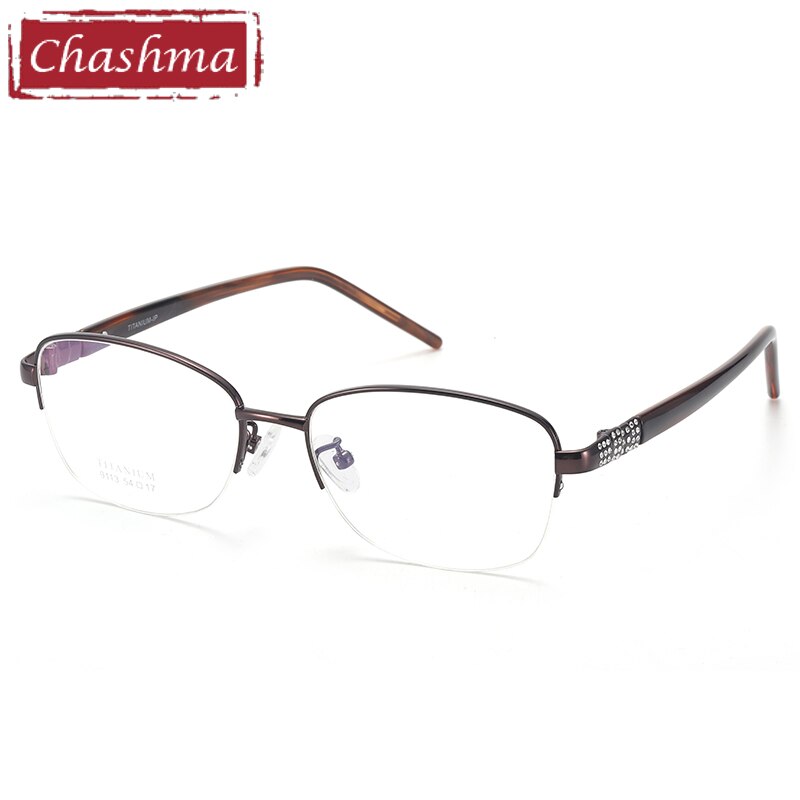Women's Oval Titanium Frame Jewelled Eyeglasses 9113 Frame Chashma Brown  