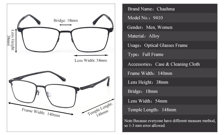 Chashma Ottica Men's Full Rim Large Square Stainless Steel Eyeglasses 9410 Full Rim Chashma Ottica   