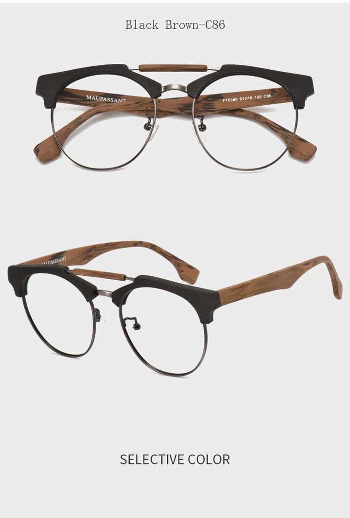 Hdcrafter Unisex Full Rim Round Wood Alloy Double Bridge Frame Eyeglasses Ft0366 Full Rim Hdcrafter Eyeglasses   
