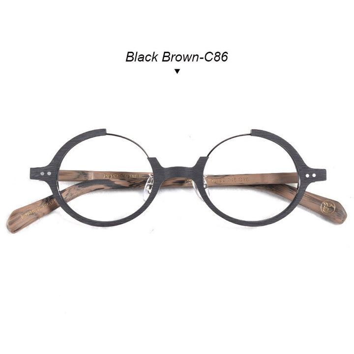 Hdcrafter Unisex Full Rim Round Wood Metal Frame Eyeglasses Ps3309 Full Rim Hdcrafter Eyeglasses Black Brown-C86  
