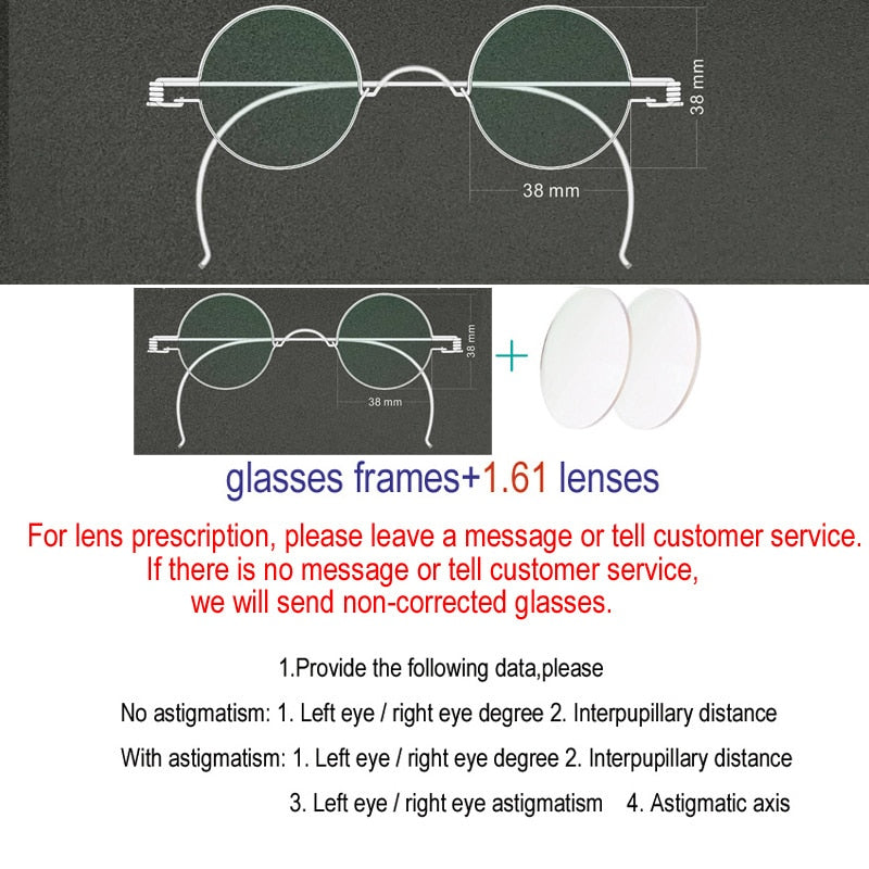 Unisex Handcrafted Optional Circle Diameter Stainless Steel Frame Customizable Lenses Frame Yujo 38mm 1.61 Single Vision  