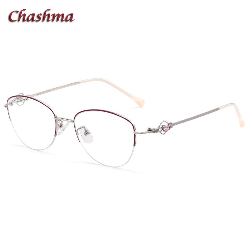 Chashma Ochki Women's Semi Rim Square Cat Eye Stainless Steel Eyeglasses 8025 Semi Rim Chashma Ochki Red Silver  