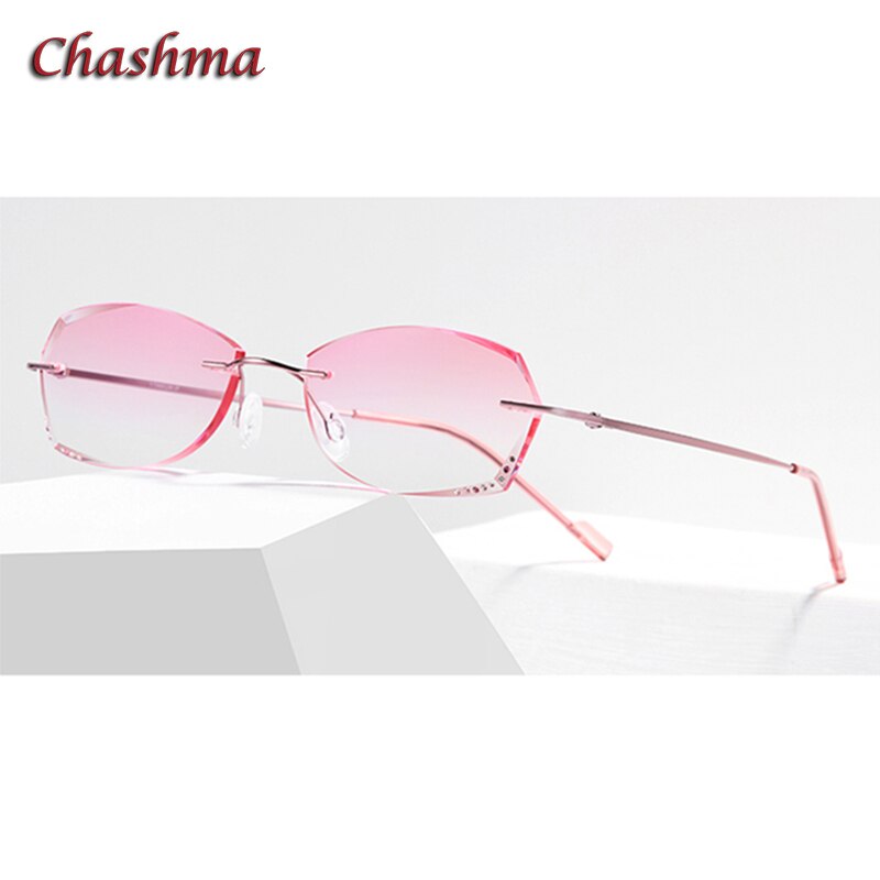 Chashma Ochki Women's Rimless Oval Rectangle Titanium Eyeglasses 6074 Tinted Lenses Rimless Chashma Ochki Pink Fold  