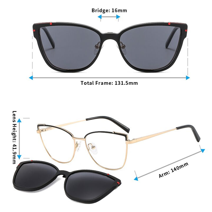 Kansept Women's Full Rim Square Cat Eye Alloy Frame Eyeglasses Magnetic Polarized Clip On Sunglasses B23108 Clip On Sunglasses Kansept   