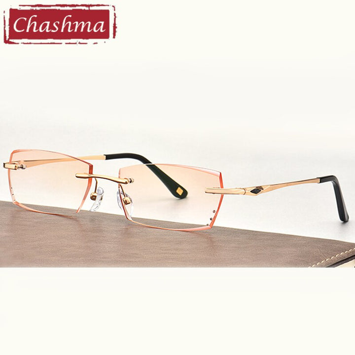 Men's Rectangle Diamond Trimmed Rimless Titanium Frame Eyeglasses 8193 Rimless Chashma B Gold Brown  