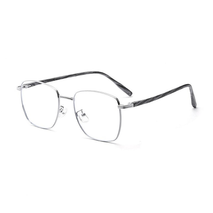 KatKani  Unisex Full Rim Square Wood Grain Alloy Frame Eyeglasses 10442 Full Rim KatKani Eyeglasses Silver  