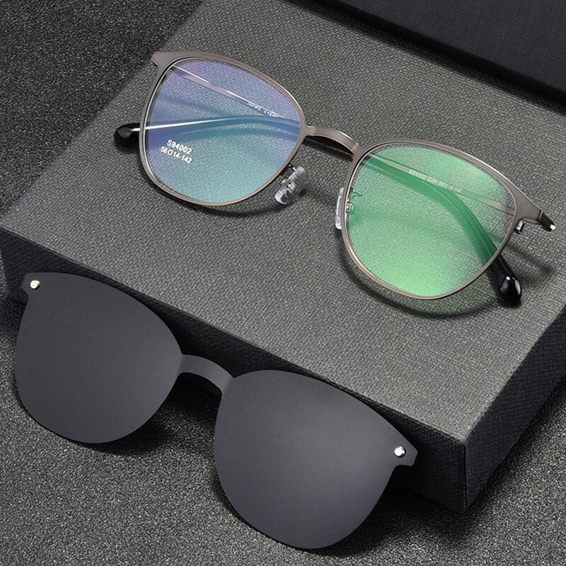 Hotochski Unisex Full Rim Titanium Oval Frame Eyeglasses With Polarized Clip On Sunglasses S94002 With Clip Ons Hotochki   