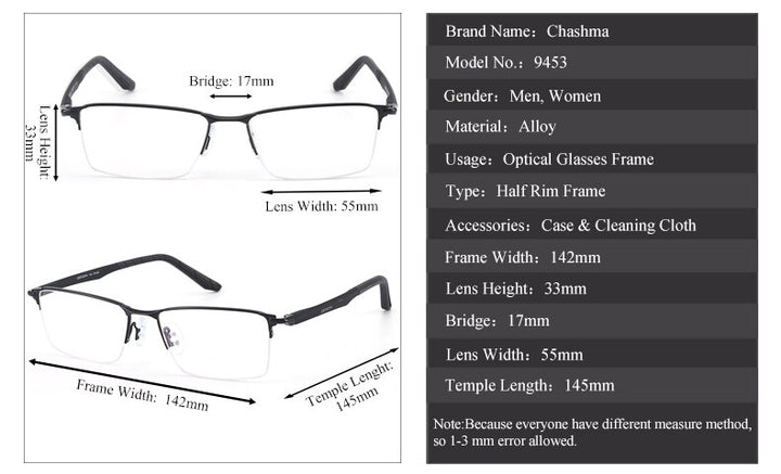 Chashma Ottica Men's Semi Rim Large Square Titanium Alloy Eyeglasses 9453 Semi Rim Chashma Ottica   