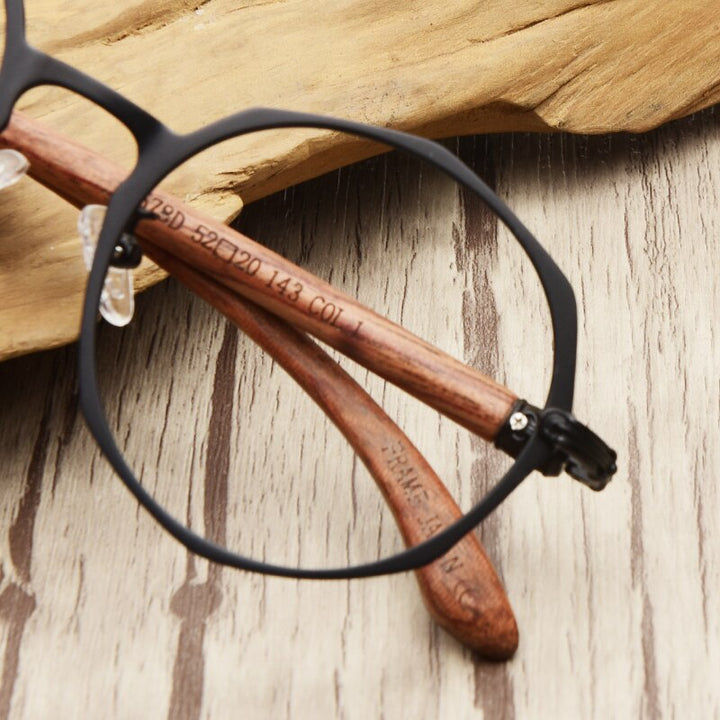 Unisex Eyeglasses Round Wood Temple Metal 7578d Frame Hdcrafter Eyeglasses   