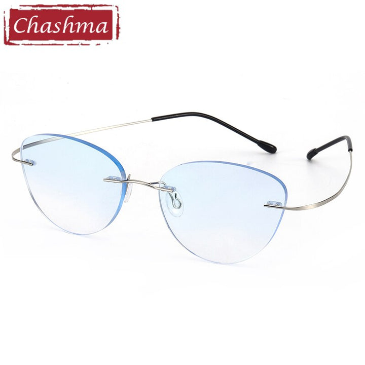 Women's Rimless Cat Eye Titanium Frame Eyeglasses 6074-2c Rimless Chashma Silver with Blue  