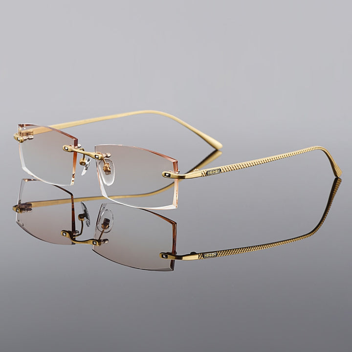 Men's Eyeglasses Titanium Rimless Gradient Brown Rectangle Golden Q6607 Rimless Gmei Optical C2 Matte Golden  