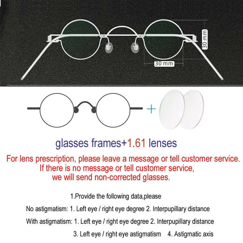 Unisex Handcrafted Small Round Eyeglasses Customizable Lenses Frame Yujo 30mm 1.61 Index Single Vision China 